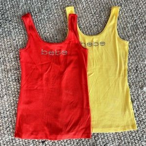 set of 2 Vintage Bebe rhinestone logo ribbed tank tops size Large